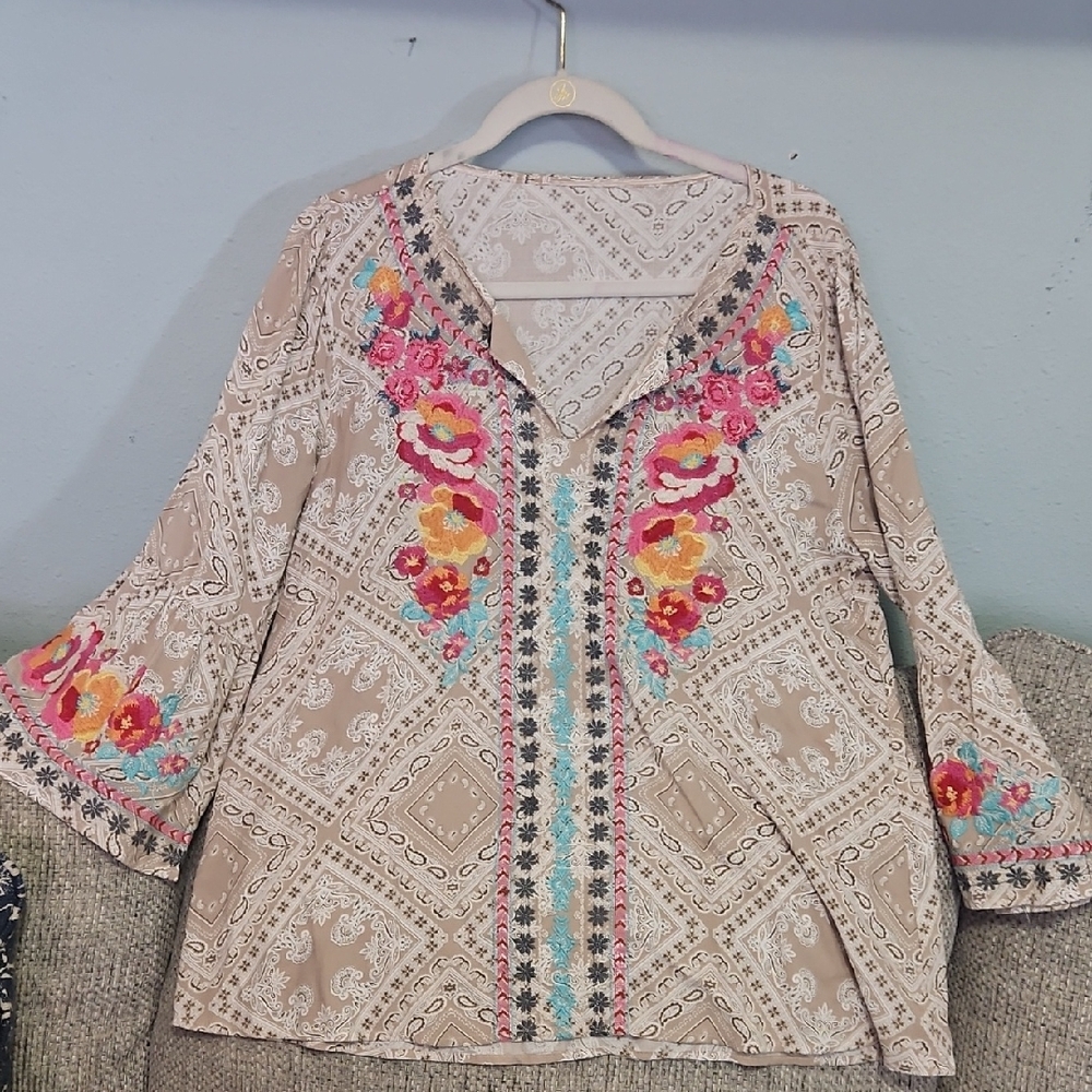 Savanna Jane Beige Embroidered V-Neck Tunic with Pink & Yellow Flowers